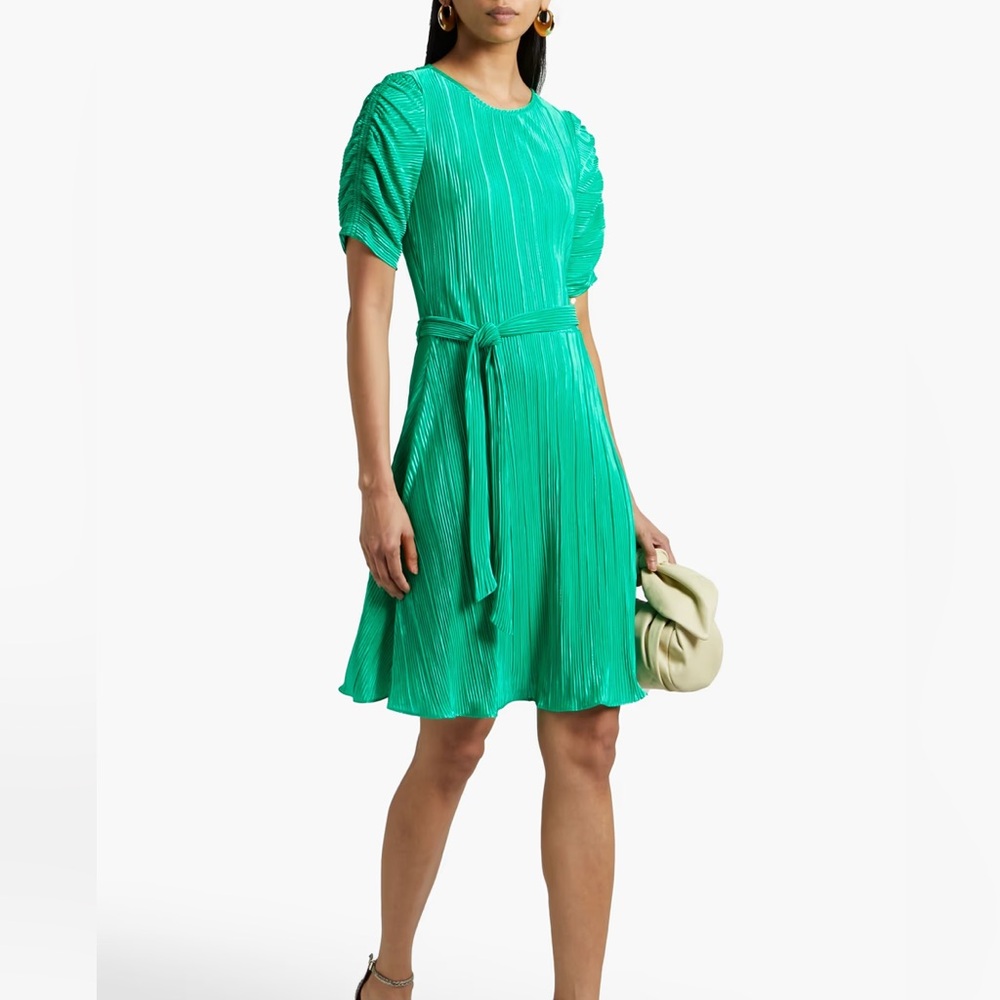 DKNY Belted Plisse Satin Dress Jade Short